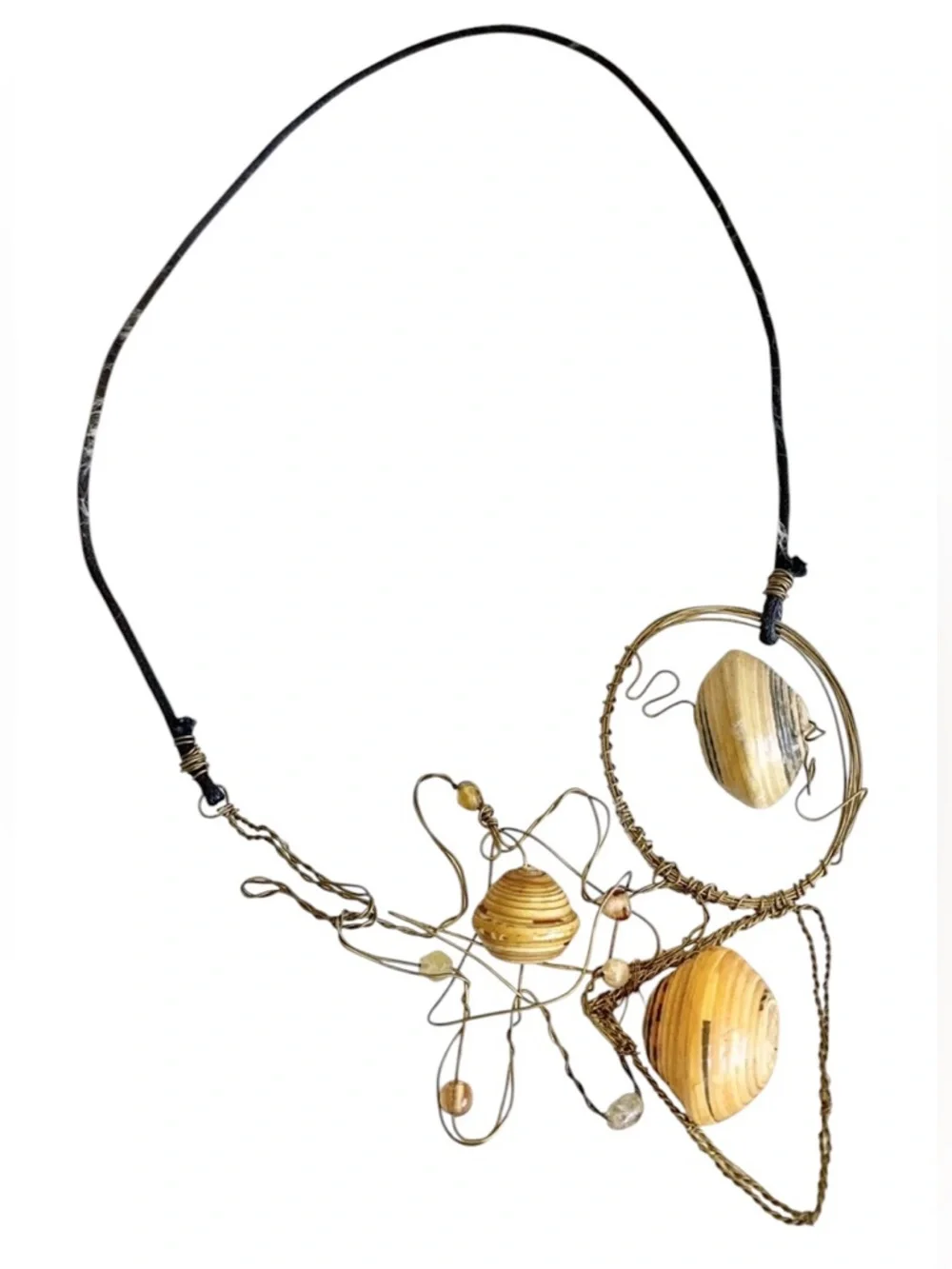 Artisan Handcrafted Necklace Brass Wire Yellow Bead Boho Artsy Statement